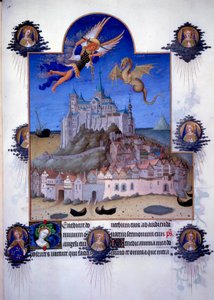 Näkymä Mont Saint Michelille (Mont-Saint-Michel): arkkienkeli Saint Michel ja lohikäärmeen siipi ovat edustettuina taistelemassa ilmassa. Flanderin miniatyyri Pol de Limburgista Jacques Suuren (1360-1415/1418) "Hyvän maurien kirjasta", omistettu Johnille