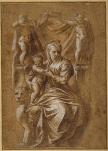 Madonna ja lapsi valtaistuimelle (kynä ja ruskea muste, rungon väri paperilla) tekijältä Polidoro da (follower of) Caravaggio