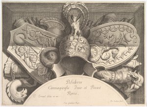 Divers Trophées -asepalkinnot Palazzo Milesin julkisivun jälkeen Roomassa, 1651 tekijältä Polidoro da Caravaggio
