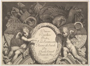 Divers Trophées Weapon Trophyjen nimisivu Palazzo Milesin julkisivun jälkeen Roomassa, 1651 tekijältä Polidoro da Caravaggio