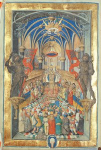Puolan kuninkaan nostaminen valtaistuimelle piispa Erasmus Ciolekin paavilta, n. 1510 (tempera ja kulta pergamentilla) tekijältä Polish School
