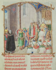 Pappeudeksi vihkiminen piispa Erasmus Ciolekin paavilta, n. 1510 (tempera ja kulta pergamentilla) tekijältä Polish School