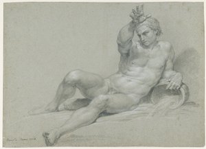 Alastonharjoitelma makaavasta miesmallista oikea käsivarsi kohotettuna, antiikin jokijumalan asennossa, viistosti vasemmalta nähtynä tekijältä Pompeo Girolamo Batoni