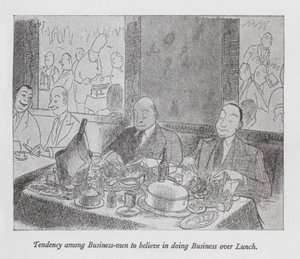 Liikemiesten taipumus uskoa lounaalla tehtäviin liiketoimiin (litografia).