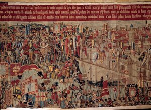 Afrikan valloitus: "" Portugalin laivaston Asilahin (Arzilan) vangitseminen Marokossa vuonna 1471"" Fragmentti 1500-luvun portugalilaisen koulukunnan kuvakudossta. Lissabon, kansallinen muinaisen taiteen museo tekijältä Portuguese School