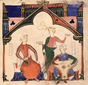 Fol.4r muusikot, jotka soittavat kastanetteja ja psalteria, Chansonnier des Nobles tekijältä Portuguese School