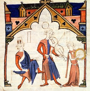 Fol.6r muusikot, jotka soittavat alttoviulua ja tamburiinia, Chansonnier des Nobles tekijältä Portuguese School