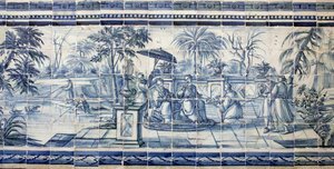 Hedelmien maistelua lähellä järveä Aasiassa - Azulejos, maalattu fajanssi tekijältä Portuguese School