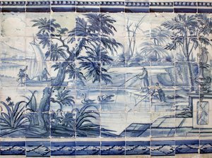 Järvikalastajat Aasiassa - Azulejos, maalattu fajanssi tekijältä Portuguese School