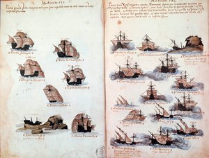 Käsikirjoitussivu "" Portugalin armadojen muistomerkit kuningas Manuel I:n (1469-1521) aikana"" edustaa portugalilaisia laivastoja. 1523 B.N. Pariisi tekijältä Portuguese School