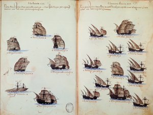 Käsikirjoitussivu "" Portugalin armadojen muistomerkit kuningas Manuel I:n (1469-1521) aikana"" edustaa portugalilaisia laivastoja tekijältä Portuguese School