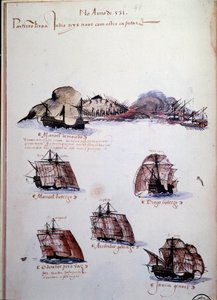 Käsikirjoitussivu "" Muistoja Portugalin armadoista kuningas Manuel I:n (1469-1521) aikana", joka edustaa vuoden 1497 portugalilaisia laivastoja. 1500 Lissabon, Kansallinen muinaisen taiteen museo tekijältä Portuguese School