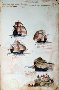 Käsikirjoitussivu "" Muistoja Portugalin armadoista kuningas Manuel I:n (1469-1521) aikana", joka edustaa vuoden 1497 portugalilaisia laivastoja. 1500 Lissabon, Kansallinen muinaisen taiteen museo tekijältä Portuguese School