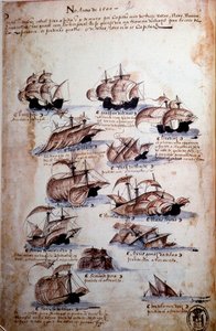 Käsikirjoitussivu "" Muistoja Portugalin armadoista kuningas Manuel I:n (1469-1521) aikana", joka edustaa vuoden 1497 portugalilaisia laivastoja. 1500 Lissabon, Kansallinen muinaisen taiteen museo tekijältä Portuguese School