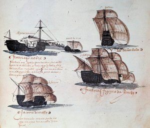 Portugalin armadoiden muistomerkit kuningas Manuel I:n (1469-1521) aikana: esitys Portugalin laivaston karavelleista. Miniatyyri käsikirjoituksesta vuodelta 1497. Lissabon. Kansallinen muinaisen taiteen museo tekijältä Portuguese School