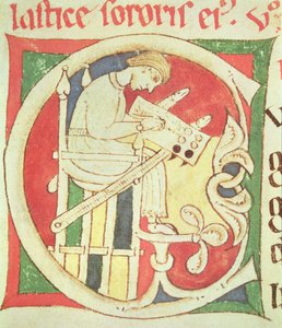 Ms 22 fol.139r Historioitu alkukirjain C, joka kuvaa munkkia kirjoittamassa, Santa Cruz de Coimbrassa sijaitsevasta Vitae Sanctorumista tekijältä Portuguese School