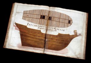 Laivastoarkkitehtuuri: Manuel Fernandezin arkkitehtonisen tutkielman (Livro de Tracas de Carpintaria) sivu: laivan leikkaaminen tekijältä Portuguese School