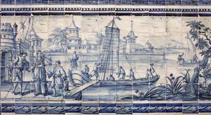 Kohtaus joen rannalla Aasiassa - Azulejos, maalattu fajanssi tekijältä Portuguese School