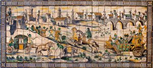 Singerie, kanojen häät - Laattapaneeli, noin 1665, Cadriceiran vanhalta maatilalta, Turcifalista, Torres Vedrasista (Portugali) (Kanan häät, Tile panel, noin 1665) - Musee national des azulejos, Lissabon (Portugali) tekijältä Portuguese School
