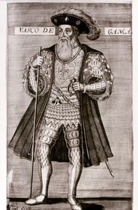 VASCO DA GAMA: kuvitus Luis Camoesin teoksesta "OS LUSIADAS", Lisboa 1572. tekijältä Portuguese School