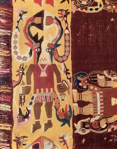 Esikolumbiaaninen sivilisaatio: seremoniallinen virkailija naamiolla. 300-100 eaa. Kuvakudos Icasta Perussa. Liman kansallinen arkeologinen museo, Peru. tekijältä Prehistoric Prehistoric