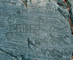 Esihistoria: Camunni-sivilisaatio: hevosten ampuma vaunu, pyörät on kuvattu pinnoilla ja hevoset ovat profiilissa etsintääkseen. Naquanen (Valcamonica, Val Camonica, Brescia) kivikaiverrus kalliosta 23. Neoliittisen ja Bro tekijältä Prehistoric Prehistoric