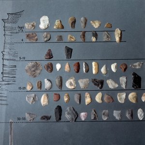 Esihistoria, Pontinianon kulttuuri: kivet ja piikivi (littinen tuotanto) Moscerinin luolasta Lazion osavaltiosta. Kivikausi. Yläpaleoliitti. Rooma, Luigi Pigorinin kansallinen esihistoriallisen etnografian museo tekijältä Prehistoric Prehistoric