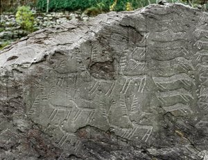 Esihistoriaa, kalliotaidetta: hautakallio peuran, karjan esityksiä. Kuparin aikakausi. Eneoliittikausi (kalkoliitti). Roche no. 1. Cemmo (Brescia) Cemmon lohkareiden kansallinen arkeologinen puisto, Italia tekijältä Prehistoric Prehistoric