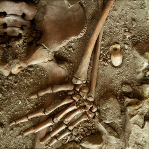 Esihistoria: teinihautaus. Yksityiskohtainen näkymä hautajaisten Candid Arenen (Finale Ligure) luolasta Liguriassa. Yläpaleoliitti, 24000 eaa. Geenit, museo di archeologia ligure tekijältä Prehistoric Prehistoric