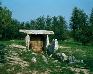 Esihistoria: näkymä Chiancan dolmenille ja sen sisäänkäyntikäytävälle. Kivikausi, neoliitti. 6-3 vuosisadalla eKr. Bisceglie, Puglia, Italia tekijältä Prehistoric Prehistoric