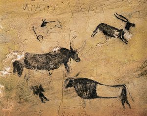 Rock Art: Hirvieläimiä ja lehmiä. Espanjasta, El Cogul, Cave dels Moros. Esihistoria, mesoliitti (fresko) tekijältä Prehistoric Prehistoric
