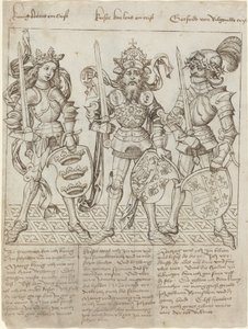 Kuningas Arthur, Kaarle Suuri ja Godfrey Boulognen tekijältä Primary Master of the Strassburg Chronicle