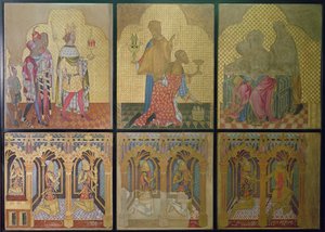 Alunperin Pyhän Tapanin kappelissa sijaitsevan seinämaalauksen rekonstruktio, jossa alarivillä L-R: Thomas Woodstock (1355-97), Edmund Langley, John of Gaunt (1340-99), Lionel (1338-68), Edward, Musta prinssi ( 1330-76) ja St. George
