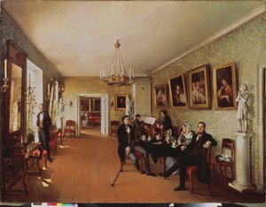 Perhekohtaus (Päivittäistä toimintaa teehetkellä, jotkut soittavat pianoa, toiset kuuntelevat, nainen taustalla ompelee) - Perhekohtaus - Prokofi Jegorovich Pushkaryev (Pushkaryev) maalaus (?-1856 jälkeen), h tekijältä Prokophy Egorovich Pushkaryev