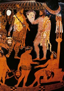 Pronomos-maljakko, kraatteri punaisilla hahmoilla. Yksityiskohta, joka kuvaa Herkules (Heracles), satyyrillisen draaman preparatiiveja Dionysoksen ja Arianen läsnäollessa, hahmot pitävät teatterinaamioita. 400 eaa. Napoli, Museo Archeologico Nazionale tekijältä Promonos Painter