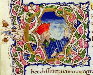 Ms Lat 463 fol.21r Historioitu alkukirjain "C" Ptolemaioksen (n. 90-168) muotokuvalla maailmankartalta