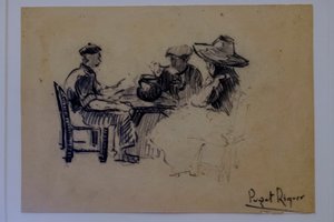 istuvia hahmoja, Narcís Puget Riquer, hiilipiirros, Puget-museo, Can LLaudisin aatelistalo, Dalt Vila, Ibiza, Baleaarit, Espanja tekijältä Puget Riquer