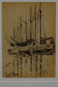 purjeveneet, Narcís Puget Riquer, hiilipiirustus, Puget-museo, Can LLaudisin aatelistalo, Dalt Vila, Ibiza, Baleaarit, Espanja tekijältä Puget Riquer