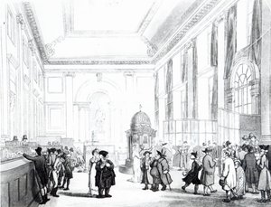 Bank of England, Great Hall, Ackermannin "Microcosm of London", 1809 (akvatinta) tekijältä Pugin and Rowlandson