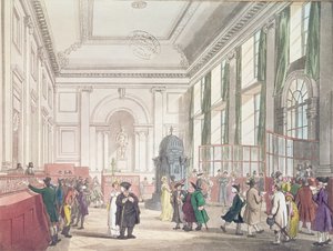 Bank of England, Great Hall, Ackermannin "Microcosm of London", 1809 (akvatinta) tekijältä Pugin and Rowlandson