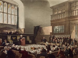 Court of Exchequer, Westminster Hall, teoksesta "The Microcosm of London", kaiverrettu J. C. Stadler (fl.1780-1812), pub. R. Ackermann (1764-1834) 1808 (värillinen akvatinta)