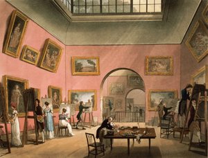 Oppilaat, jotka oppivat maalaamaan ja kopioivat kuvia Brittiläisessä Pall Mall -instituutissa, Ackermannin "Microcosm of London", 1808 (etsaus wc:llä)