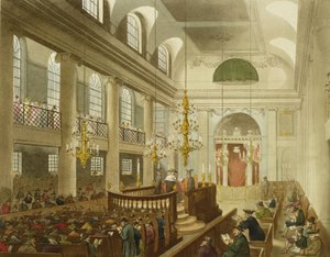 Synagoga, Dukes Place, Houndsditch, Ackermannin teoksesta "Lontoon mikrokosmos", kaiverrus Sunderland, 1809 (akvatinta) tekijältä Pugin and Rowlandson