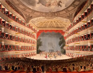 The Opera House, Lontoo, Ackermannin "Repository of Arts", 1809 (käsin värjätty akvatintta). tekijältä Pugin and Rowlandson