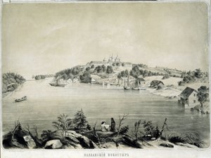 Valaam-luostari (tai Valamo) Valaam-saarella Lagodajärvellä (Venäjä) (Valaam-luostari Valaam-saarella Lagoda-järvellä). Piirustus Pjotr ​​Fjodorovitš Borel (1829-1898). Litografia, 53,3 x 70,5 cm