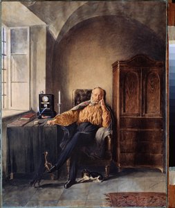 Eläkkeelle siirtyminen. (Mies yksin, ajatuksiinsa uppoutunut pöytänsä ääressä). Pjotr ​​(Piotr) Petrovitš Sokolovin (1821-1899) teos, akvarelli ja valkoinen paperille