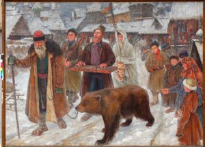 ""Skomorokhien laulu"" (Skomorokhien laulu) Vaeltavia esiintyjiä, karhunkesyttäjiä Venäjällä Pjotr ​​Ivanovitš Subbotinin (Permyak) maalaus (1886-1923) tekijältä Pyotr Ivanovich Subbotin