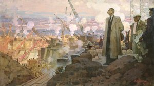 Maxim Gorki (1868-1936) vesivoimalaitoksen "DnieproGES" rakennustyömaalla.