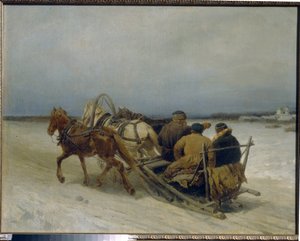 Troikka talvella. (Perinteinen venäläinen vetokoukku, kolmen hevosen vetämä). Pjotr ​​(Piotr) Petrovitš Sokolovin (1821-1899) maalaus, öljy kankaalle