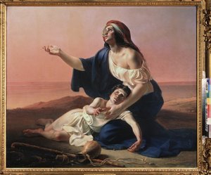 Hagar ja Ismael erämaassa. (Aabrahamin egyptiläinen palvelija profeetan aviottoman lapsen kanssa metsästettiin autiomaassa, kun vesi loppuu). Pjotr ​​Stepanovitš Petrovskin (1814-1842) maalaus öljy kankaalle tekijältä Pyotr Stepanovich Petrovsky